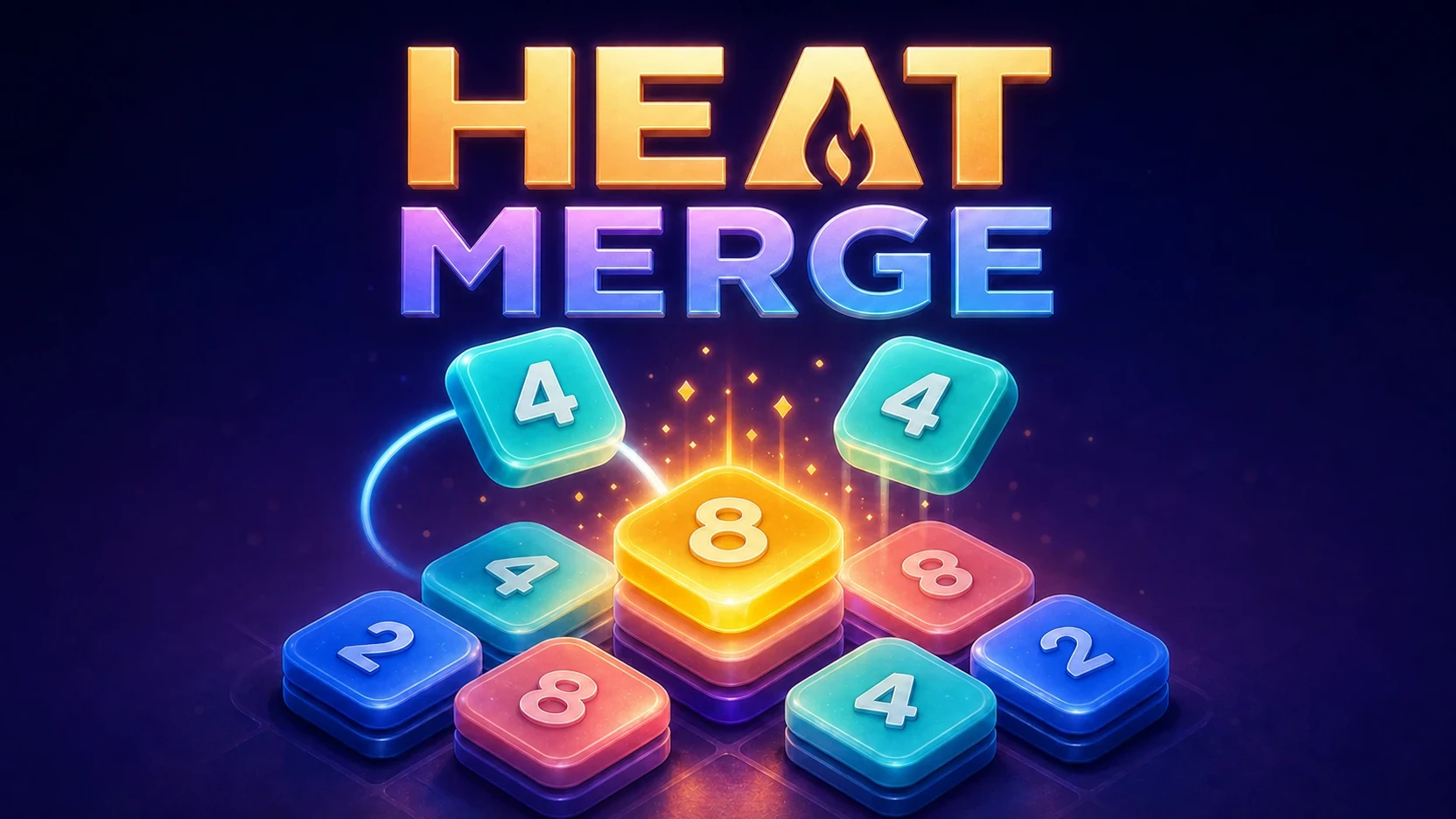 A glowing Heat Merge board filled with colorful numbered blocks.
