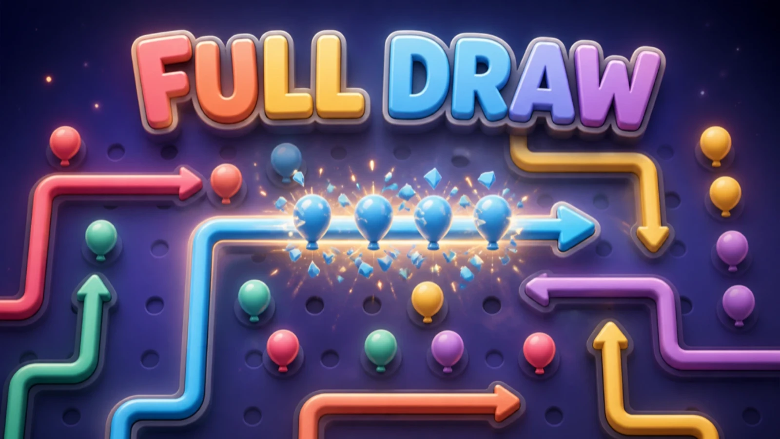 A colorful Full Draw puzzle showing glossy arrows and four blue targets on a purple pegboard.